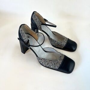 CJBIS Charles Jourdan Retro Leather and Tweed Heel - 8.5